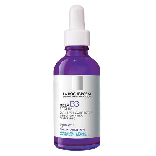 La Roche-Posay Mela B3 serum bottle with dropper on a white background