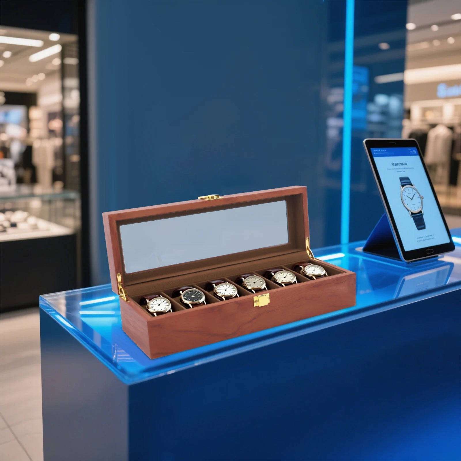 Handcrafted Wooden Watch Display Box – 6-Slot Glass-Top Storage Case with Velvet Interior