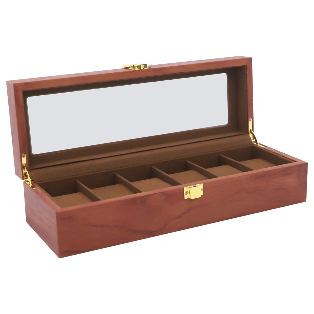 Handcrafted Wooden Watch Display Box – 6-Slot Glass-Top Storage Case with Velvet Interior