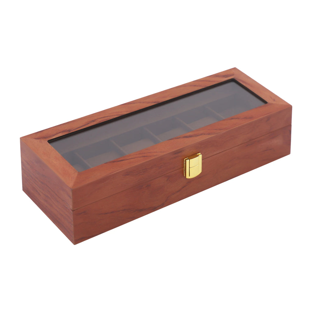 Handcrafted Wooden Watch Display Box – 6-Slot Glass-Top Storage Case with Velvet Interior
