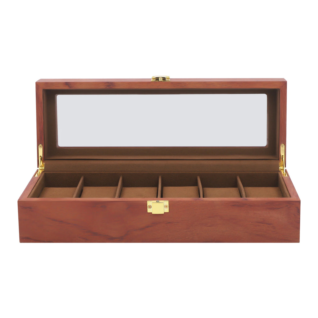 Handcrafted Wooden Watch Display Box – 6-Slot Glass-Top Storage Case with Velvet Interior