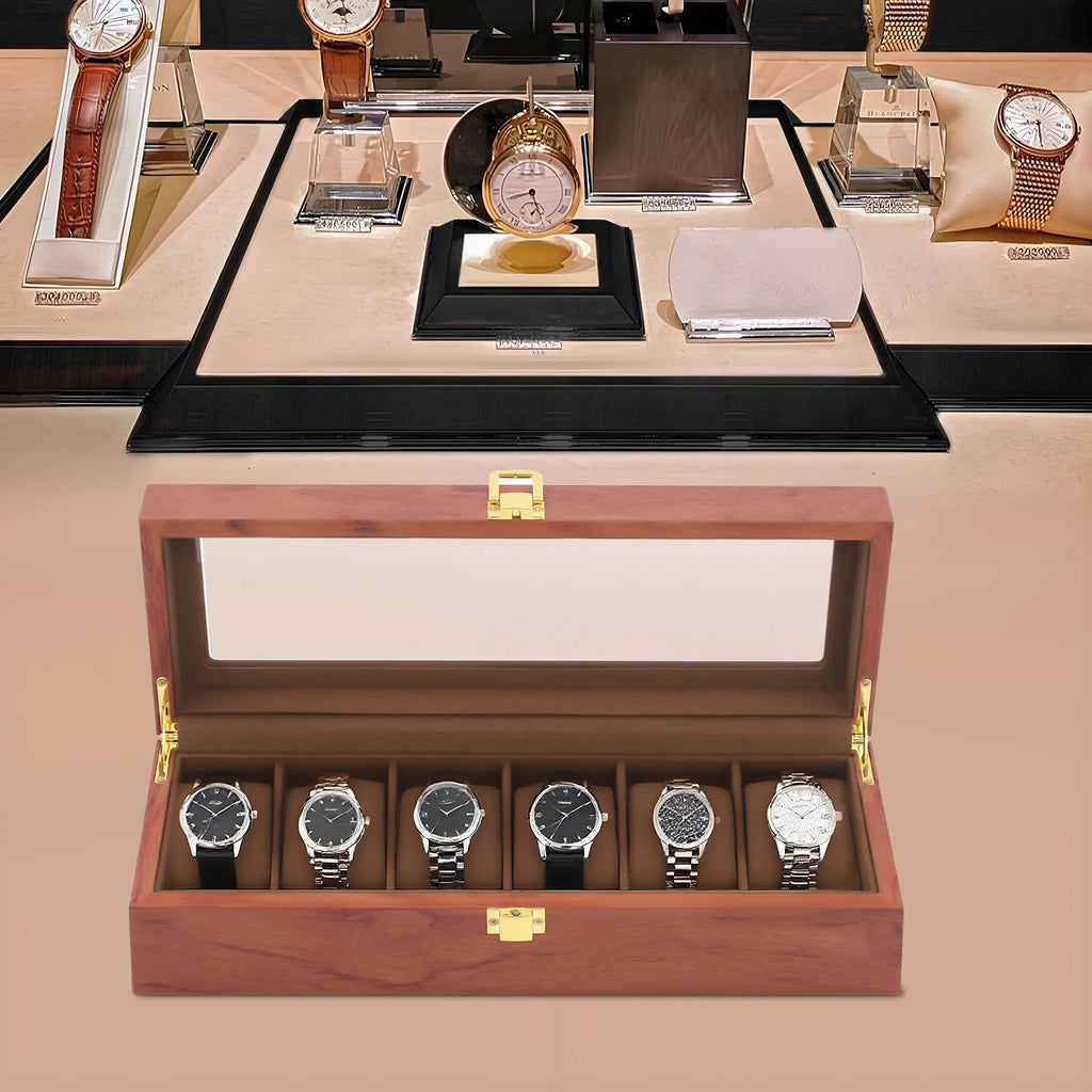 Handcrafted Wooden Watch Display Box – 6-Slot Glass-Top Storage Case with Velvet Interior
