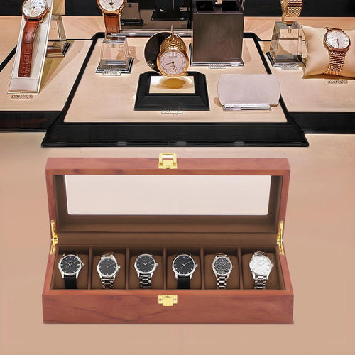 Handcrafted Wooden Watch Display Box – 6-Slot Glass-Top Storage Case with Velvet Interior