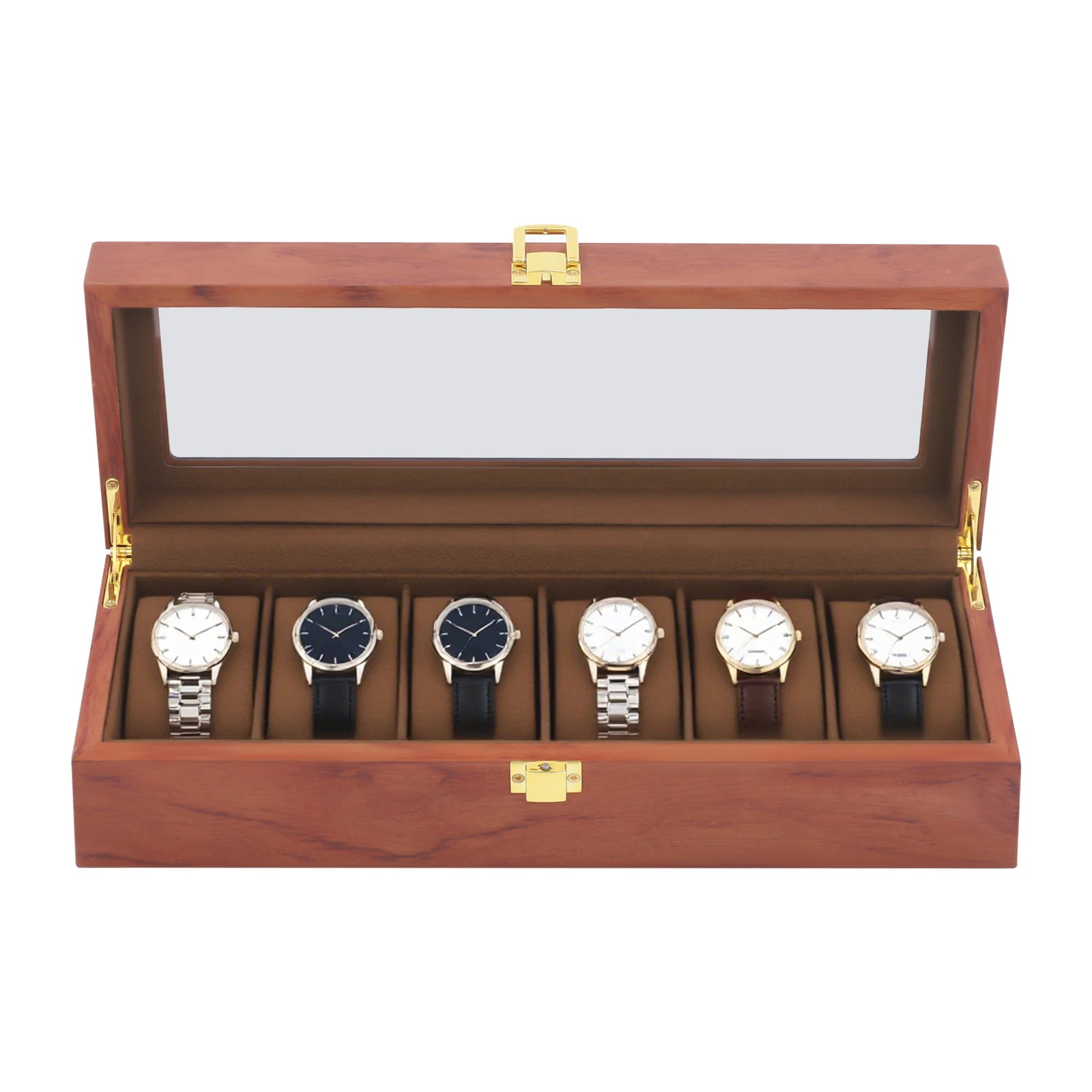Handcrafted Wooden Watch Display Box – 6-Slot Glass-Top Storage Case with Velvet Interior