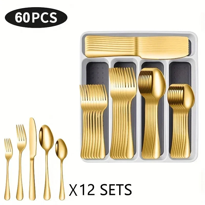 Premium 60-Piece Stainless Steel Cutlery Set with Drawer Organizer