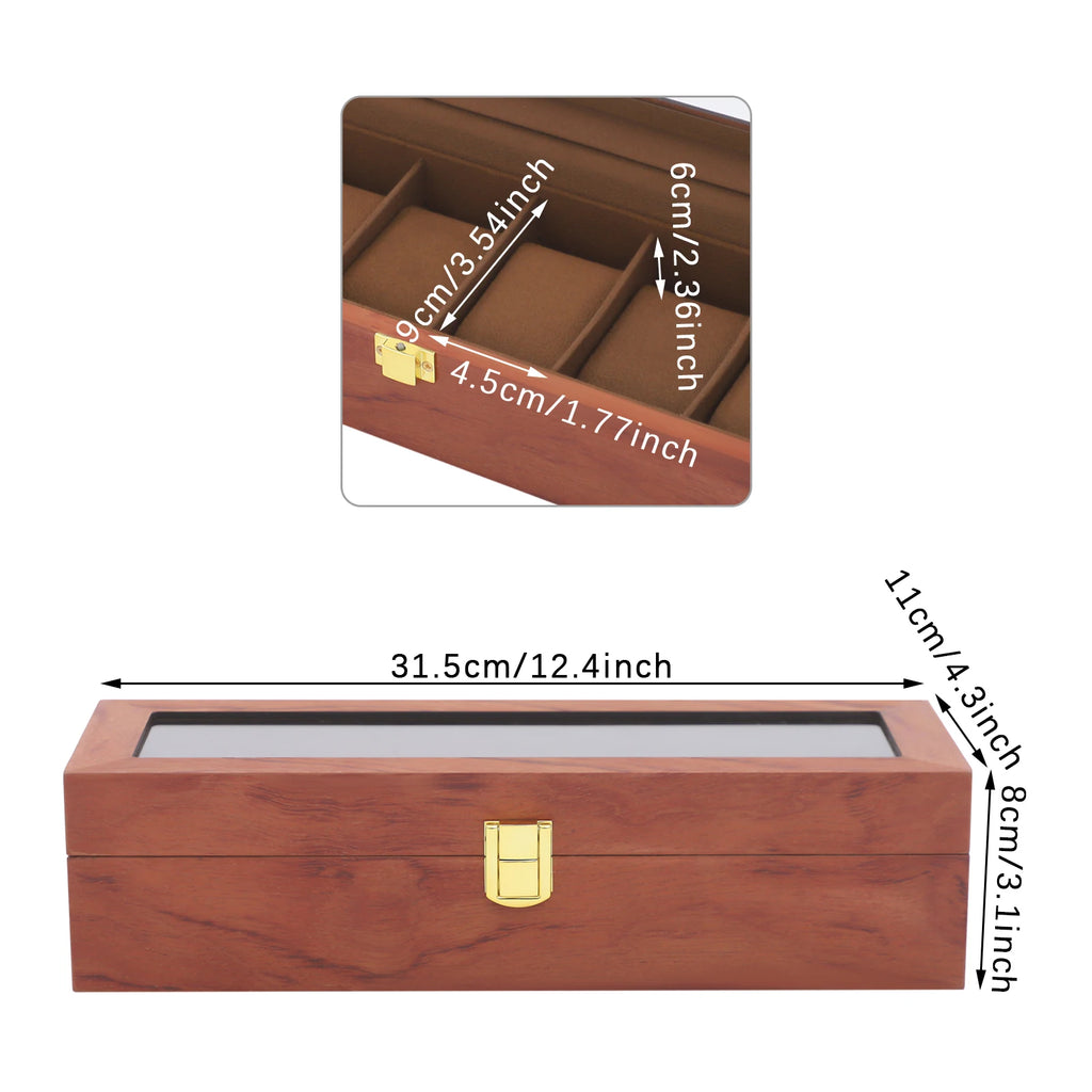 Handcrafted Wooden Watch Display Box – 6-Slot Glass-Top Storage Case with Velvet Interior