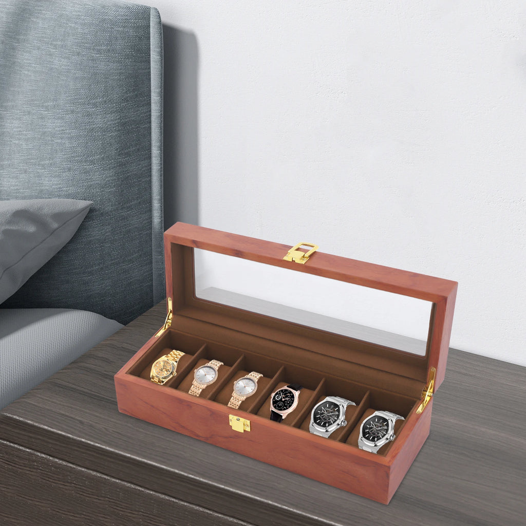 Handcrafted Wooden Watch Display Box – 6-Slot Glass-Top Storage Case with Velvet Interior