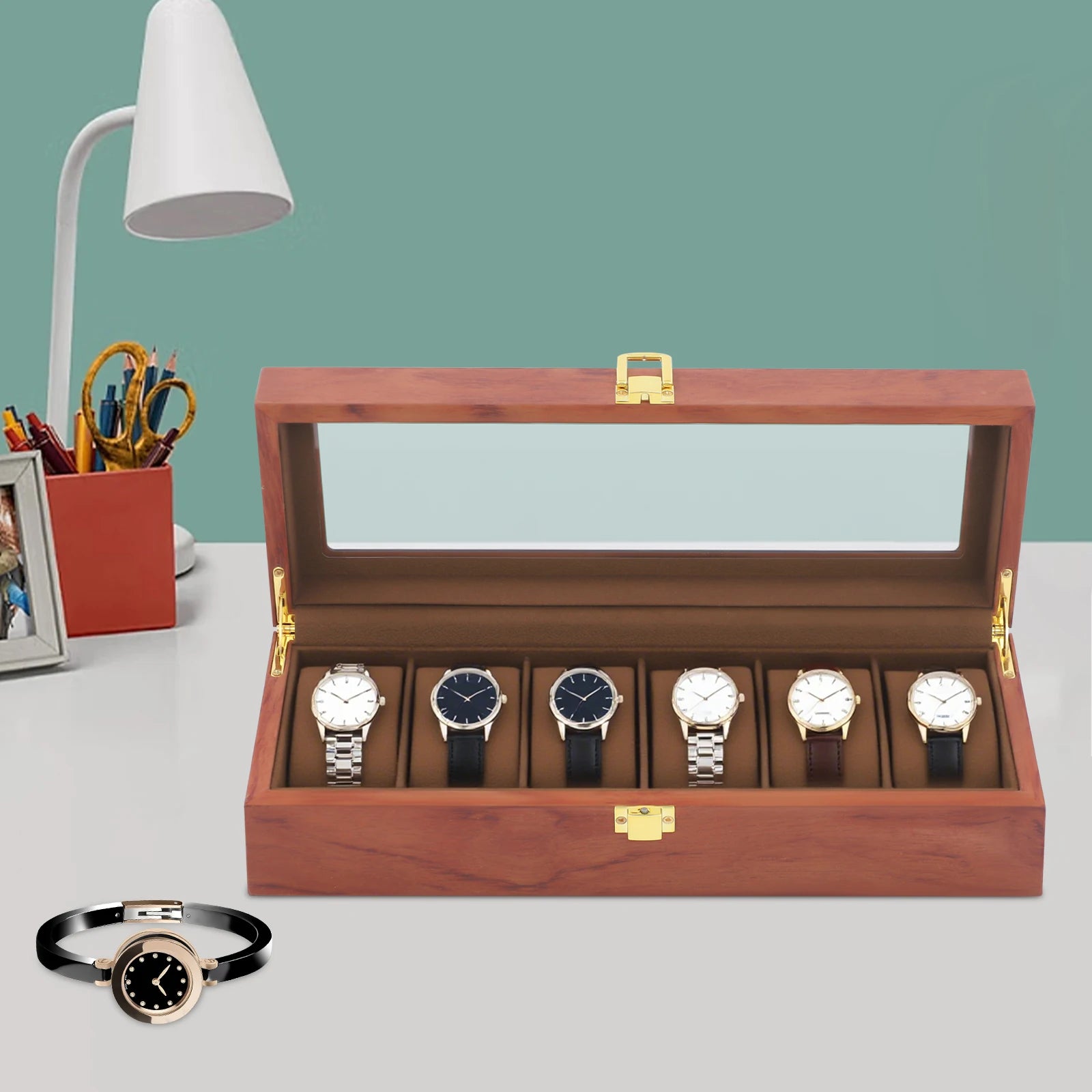 Handcrafted Wooden Watch Display Box – 6-Slot Glass-Top Storage Case with Velvet Interior