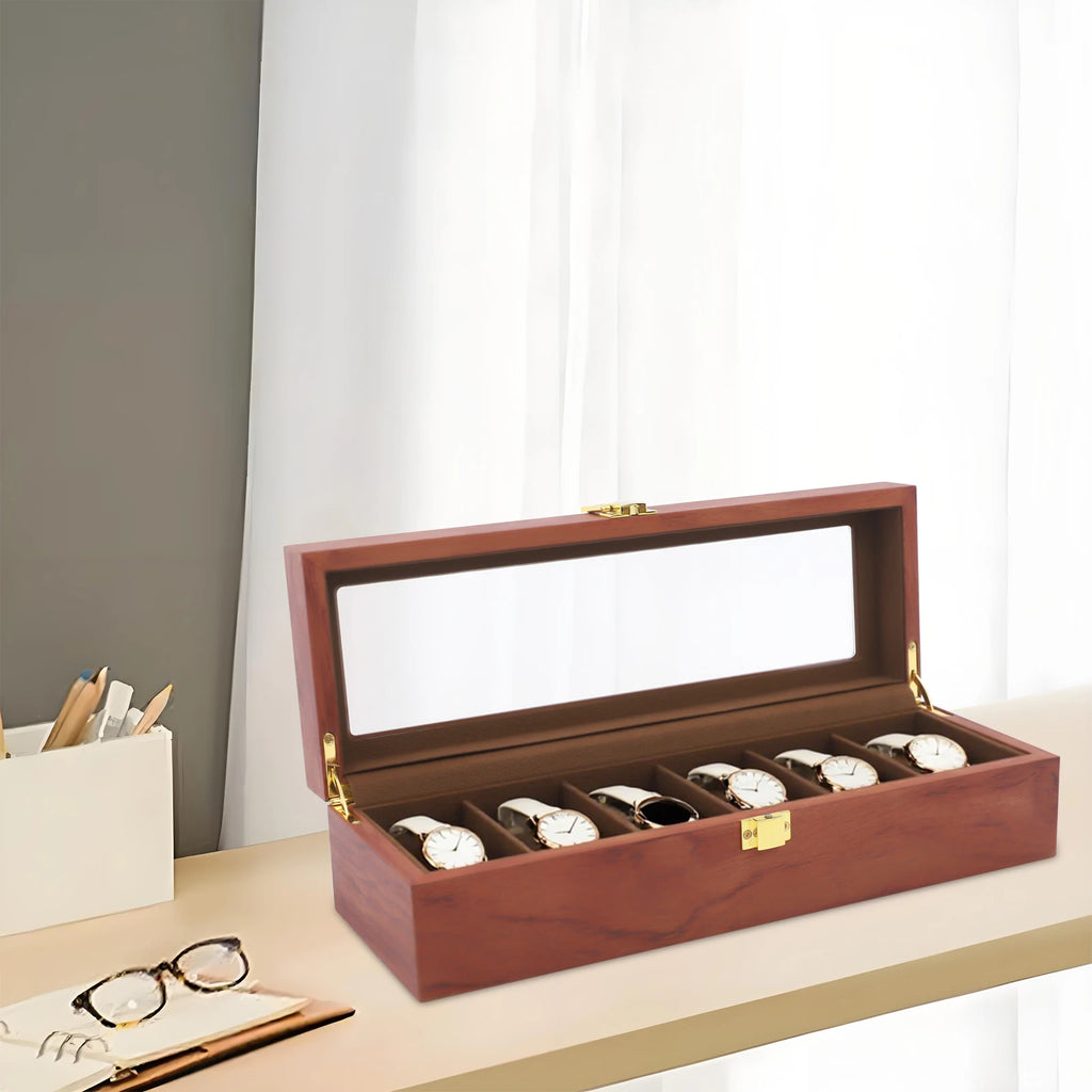 Handcrafted Wooden Watch Display Box – 6-Slot Glass-Top Storage Case with Velvet Interior