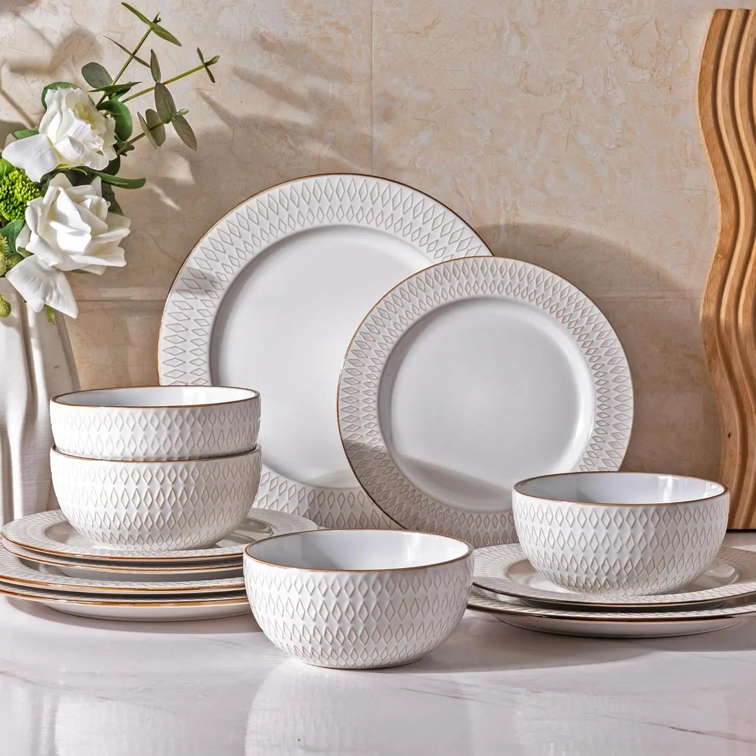 Modern Textured Ceramic Dinnerware Set – Elegant White Porcelain Plates & Bowls for Contemporary Dining