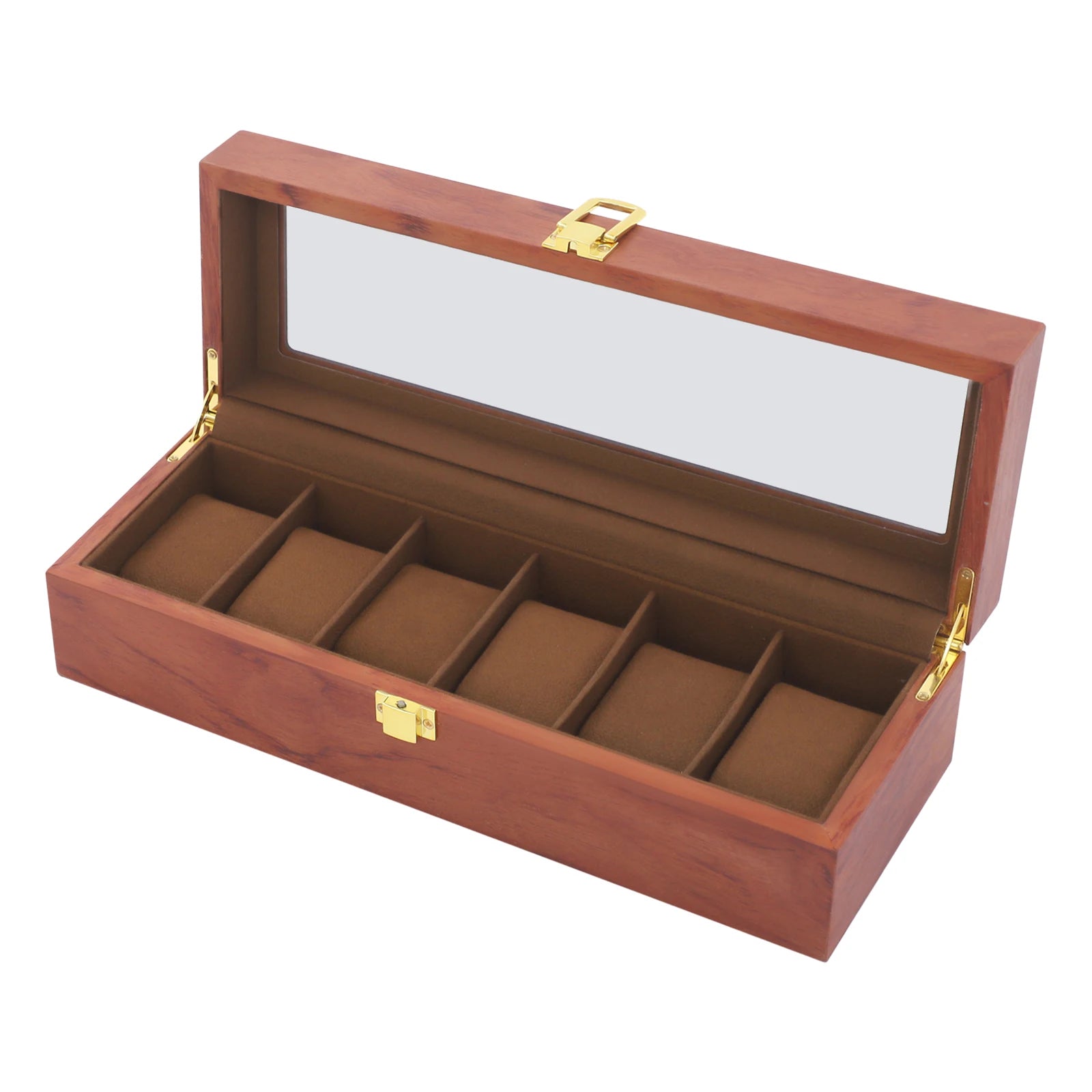 Handcrafted Wooden Watch Display Box – 6-Slot Glass-Top Storage Case with Velvet Interior
