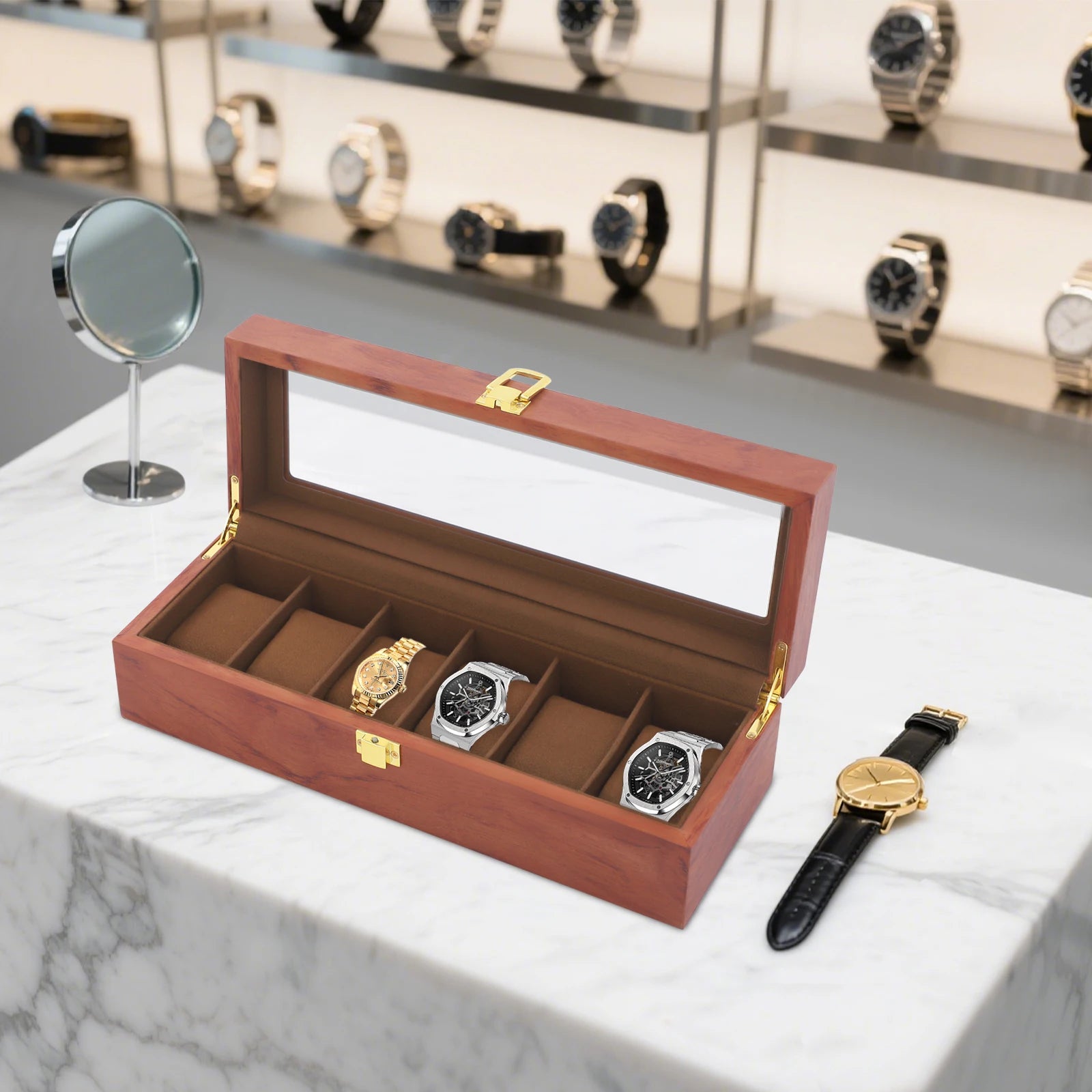 Handcrafted Wooden Watch Display Box – 6-Slot Glass-Top Storage Case with Velvet Interior