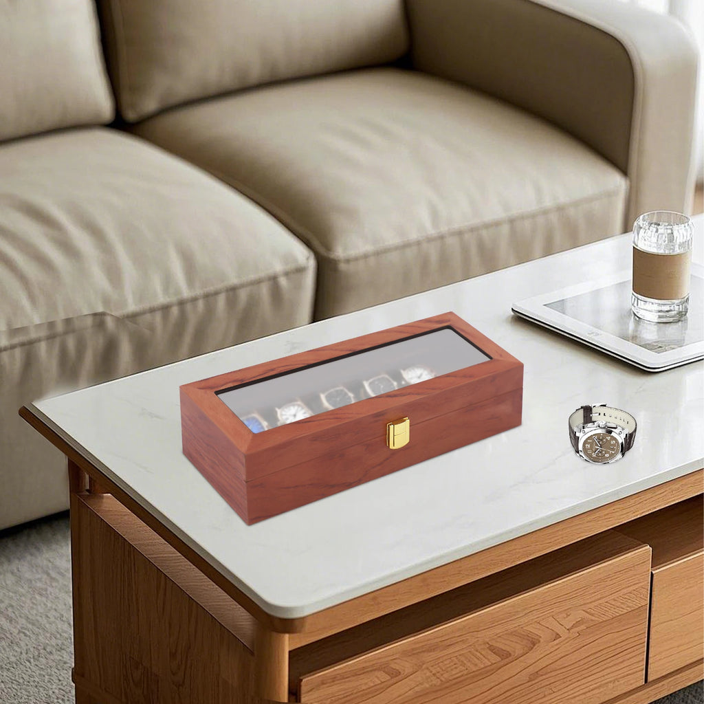 Handcrafted Wooden Watch Display Box – 6-Slot Glass-Top Storage Case with Velvet Interior