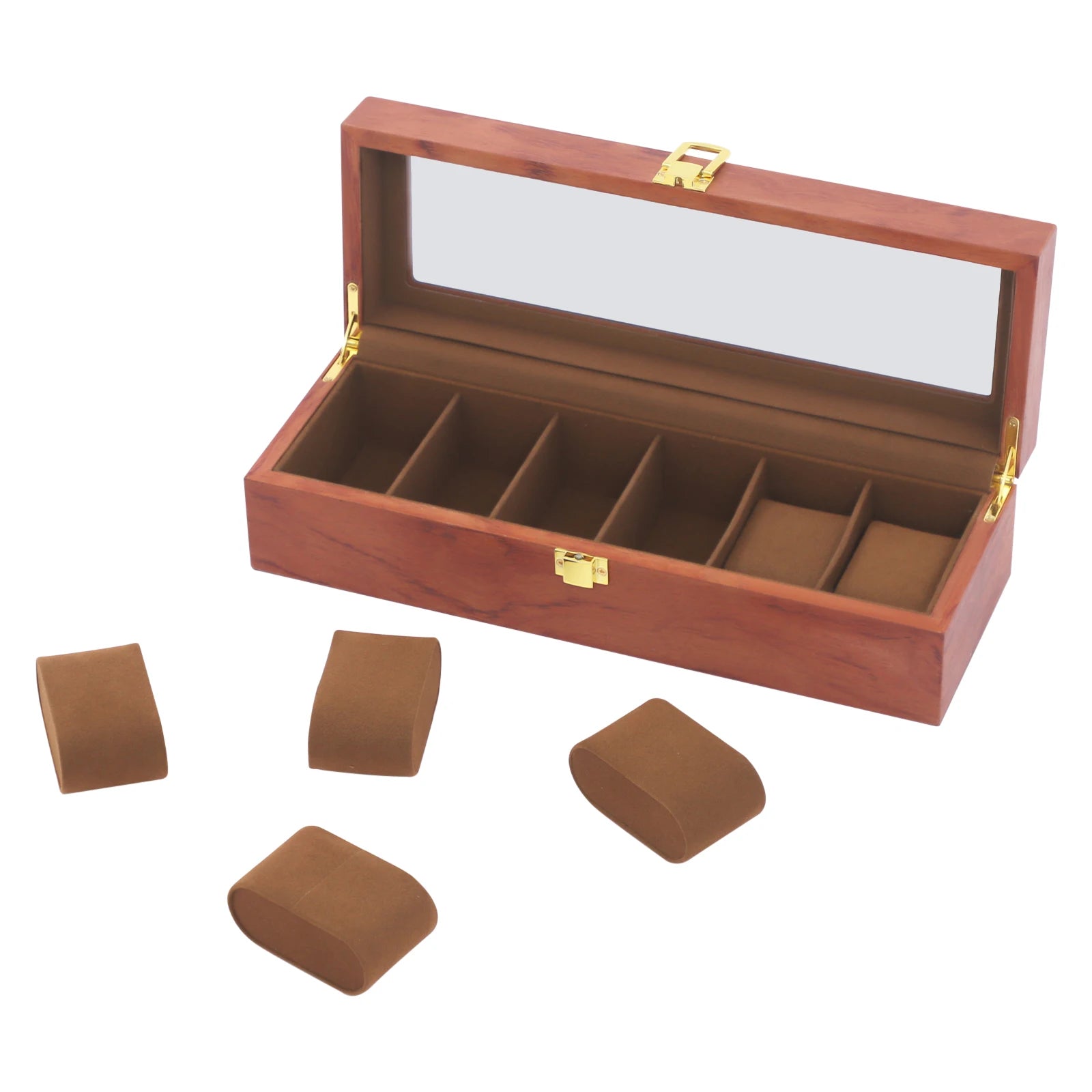 Handcrafted Wooden Watch Display Box – 6-Slot Glass-Top Storage Case with Velvet Interior